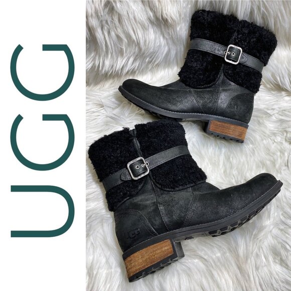 NWOB UGG BLAYRE II BLACK LEATHER SHORT BOOT SHEARLING GRUNGE GOTH PREPPY WOMEN 8 - Picture 13 of 13